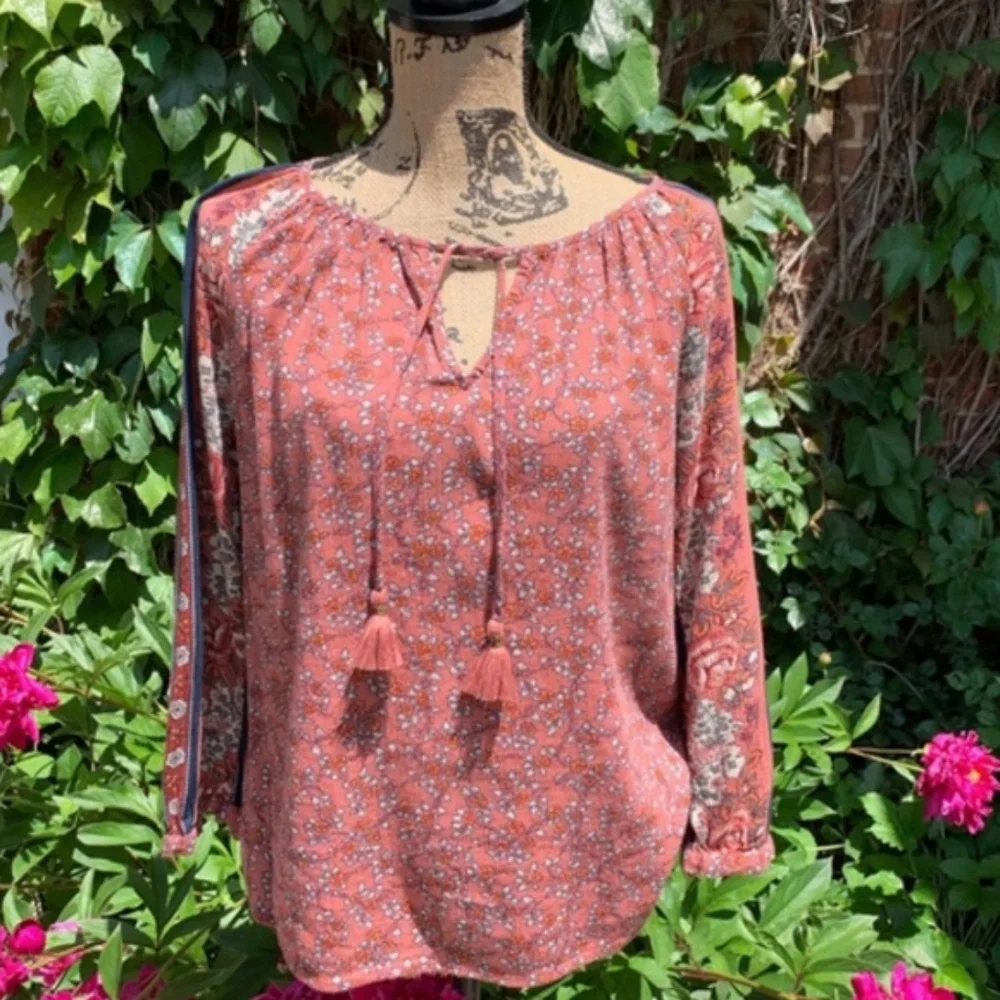 LUCKY BRAND Rust Boho Long Sleeve Contrast Stripe Floral Tassel-Tie Blouse, S - Picture 10 of 11